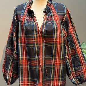 J. Crew Scallop Neck Plaid Ruffle Blouse, Size M